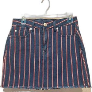 American Eagle Super Stretch Denim Mini Skirt Raw Hem Red White Stripes size 6